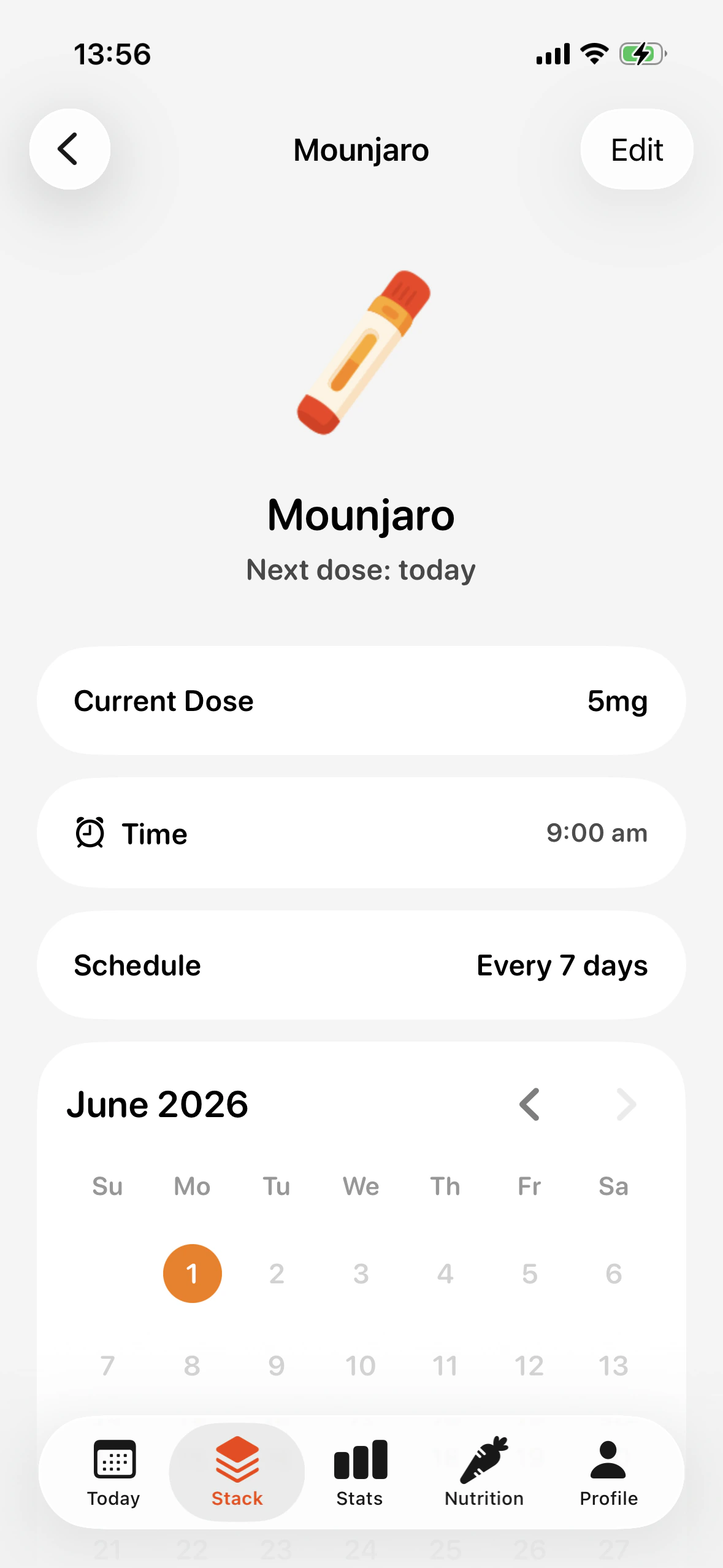 DOZI medication stack screen showing dose, schedule, and calendar.