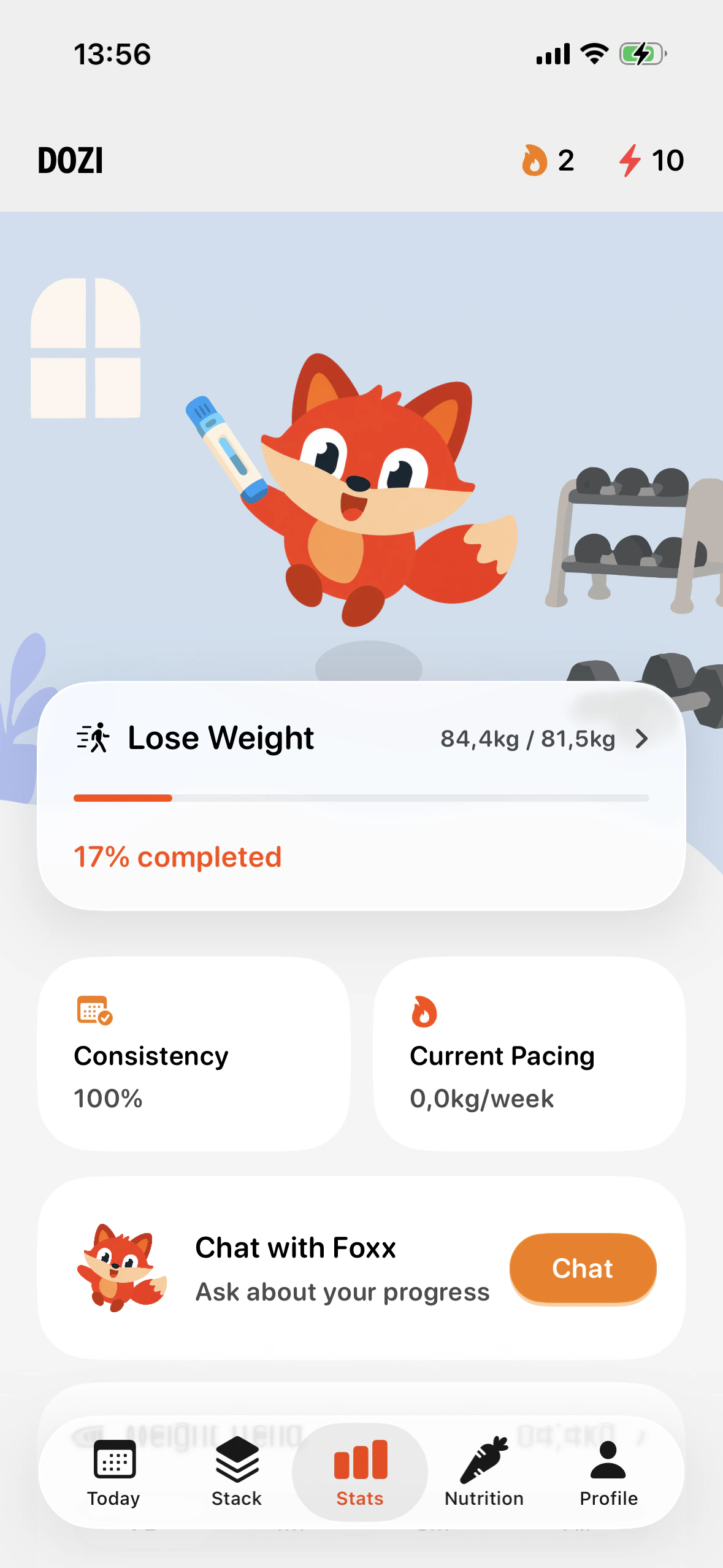 DOZI stats screen showing weight-loss progress, consistency, pacing, and chat.